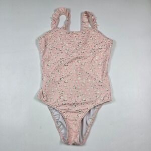 Sunuva One Piece Swimsuit Girls 13-14 Pink Metallic Gold Leopard Heart Ruffle